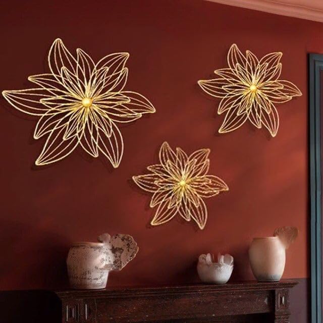 Zove Metal Set Of 3 Pieces Golden Flowers Wall Art Hanging Perfect For Home, Hotel, Restaurant, Living Room Decoration (24 X 24