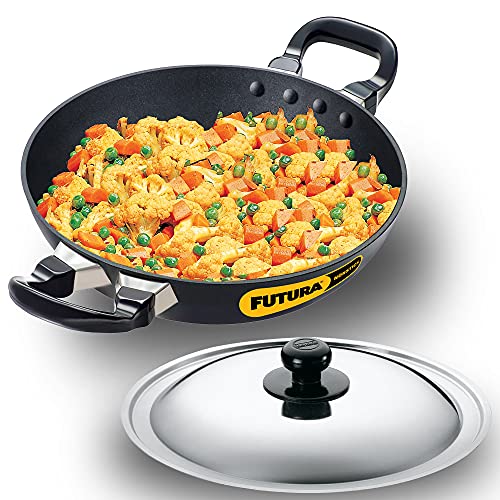 Hawkins Futura 1.5 Litre Deep Fry Pan, Non Stick Kadai with Stainless Steel Lid, Round Bottom Kadhai, Small Non Stick Kadai, Bla