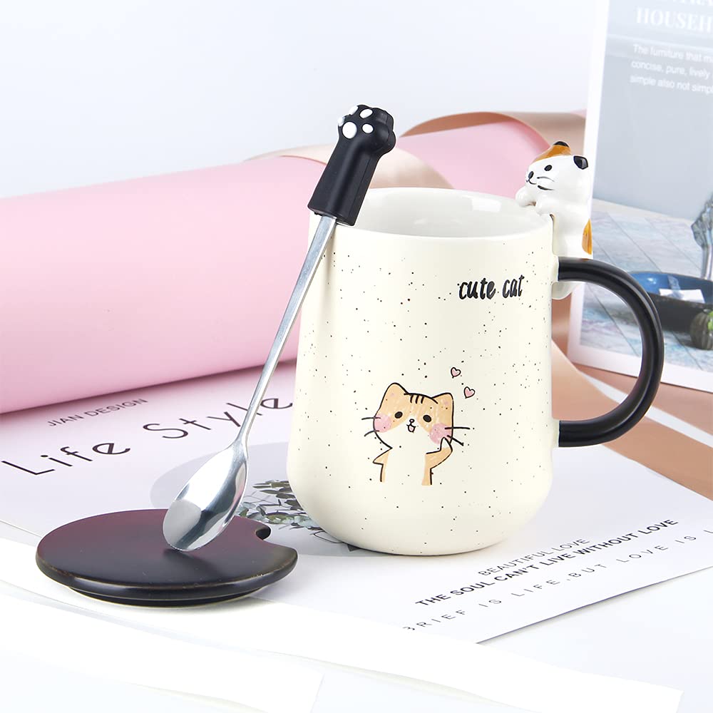 Ceramic Coffee mug,Cute Cat Handmade Tea Cups, with Lid and Stainless Steel Spoon,Unique Hot chocolate Novelty mugs, Christmas,