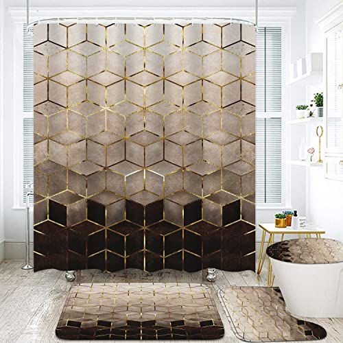 Lqcool 4Pcs Brown Gradient Shower Curtain Set, Modern Geometric Shower Curtain Set Golden Cubic Lines Bathroom Set Texture Art B