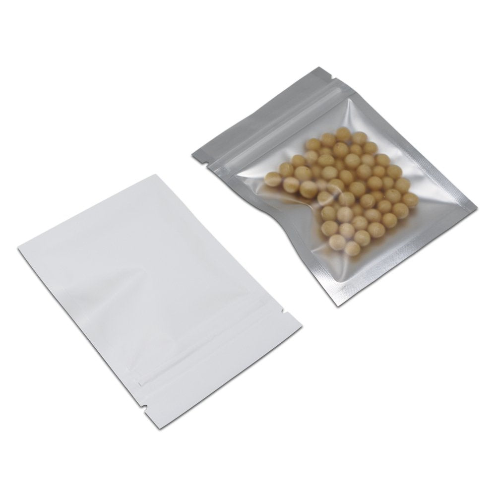 PABCK 100 Pcs 2.9x3.9inch (2.5x2.7inch inside size) Matte White Front Window Resealable Foil Zipper Lock Pouch for Zip Reclosabl