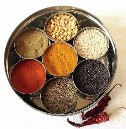 Stainless Steel Round Spices Box Kitchen Masala Dabba - Spice Container - Masala Dabba - 7 Compartments With Spoon (8 Inch)