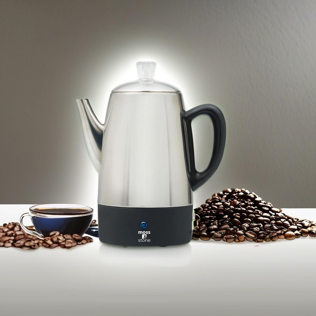 Moss & Stone Electric Coffee Percolator, 10 Cup Stainless Steel, Model EPLTR-8MS, Silver, Keep Warm Function