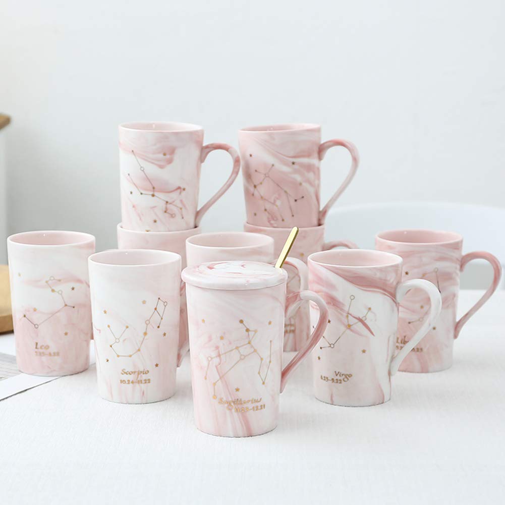 Ynsfree 12 OZ Marble Ceramic Coffee Mugs Juice Tea Coffee Cups and Saucer Twelve Constellations Romantic Gift For Friends,Sister