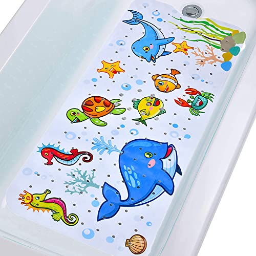 Tubozadi Baby Bath Mat for Tub Kids Non Slip Bathtub Mats Baby Extra Long 40X16 Inch Bathroom Toddler Anti Slip Shower Mat with Suction Cups & Drain Holes Machine Washable Whale