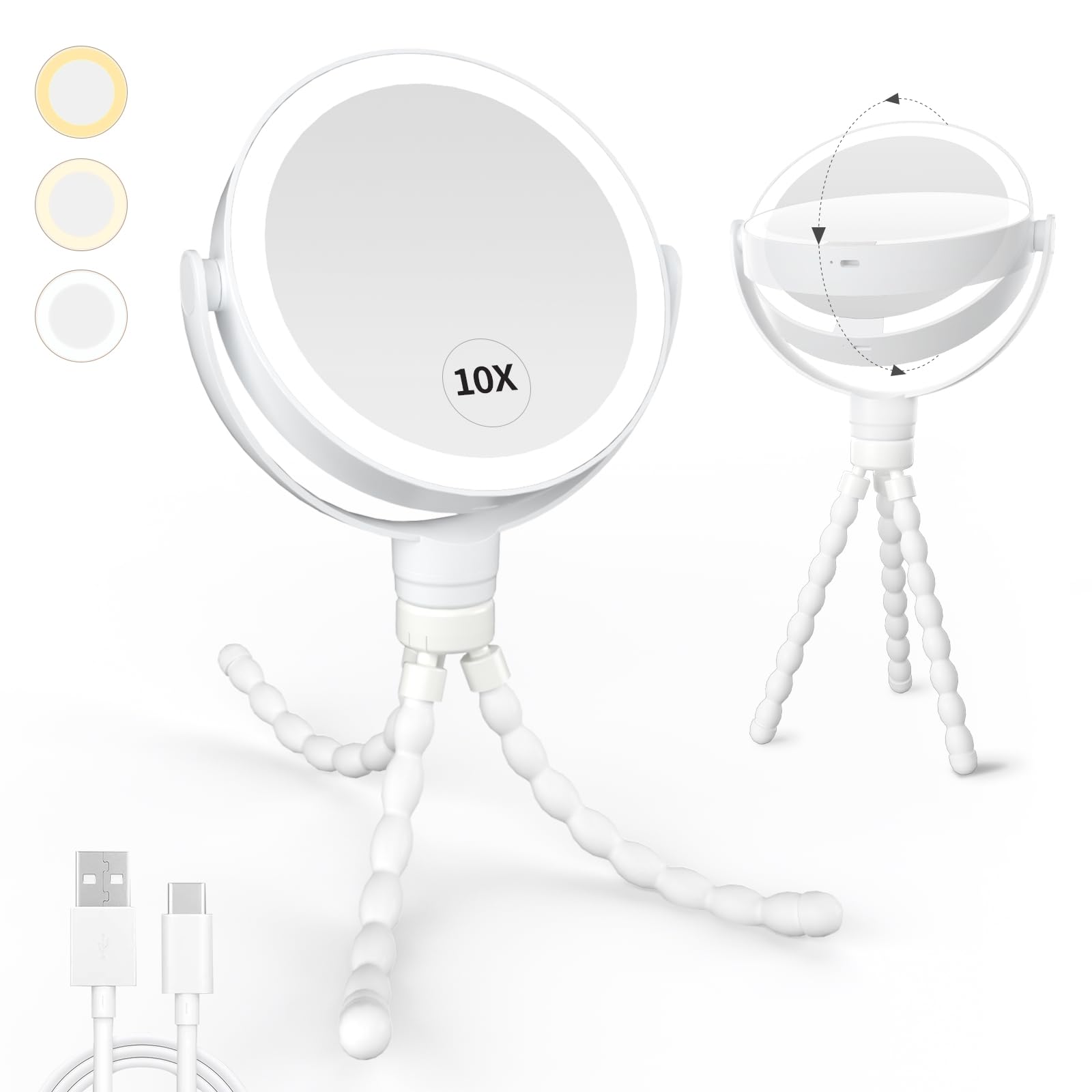 Kintion Lighted Makeup Mirror, 1X/10X Double Sided Led Magnifying Mirror, 3 Color Lights Touch Dimmable Rechargeable Portable Tr
