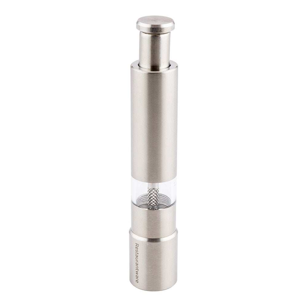 Restaurantware Met Lux Salt Or Pepper Mill 1 Push Top Salt Or Pepper Grinder Refillable One-Hand Operation Stainless Steel Salt