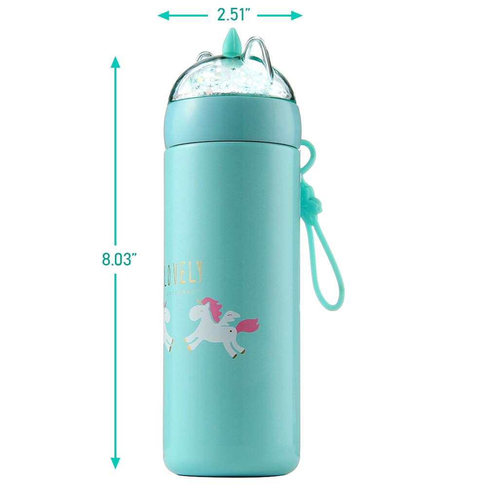Kinia 12 Oz Unicorn Glitter 18/8 Stainless Steel Double Wall Vacuum Insulated Kids Water Bottle - Leak Proof With Bpa Free Multi