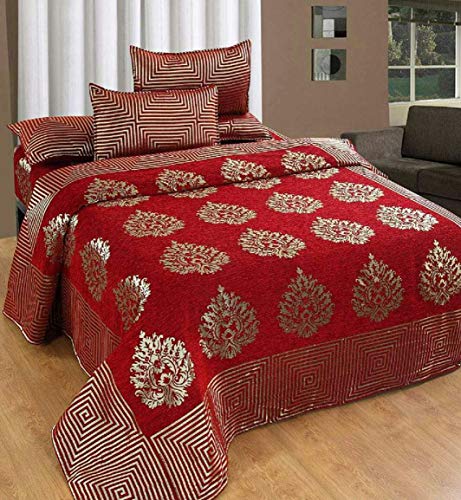 Fresh From Loom Chenille Velvet 500 Tc Double Bed King Size Bedsheet With 2 Pillow Covers (Red, 90X100 Inch)