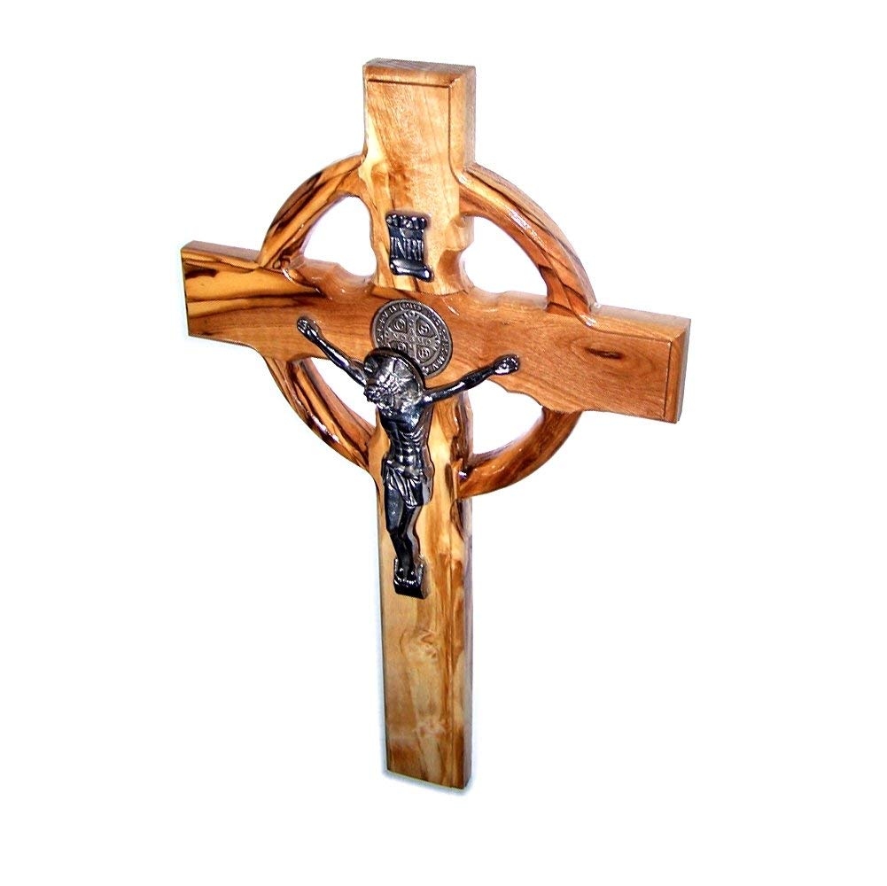 Holy Land Market Celtic and Saint Benedict Medal Handmade Wall Wood Cross Crucifix (10 Inches)