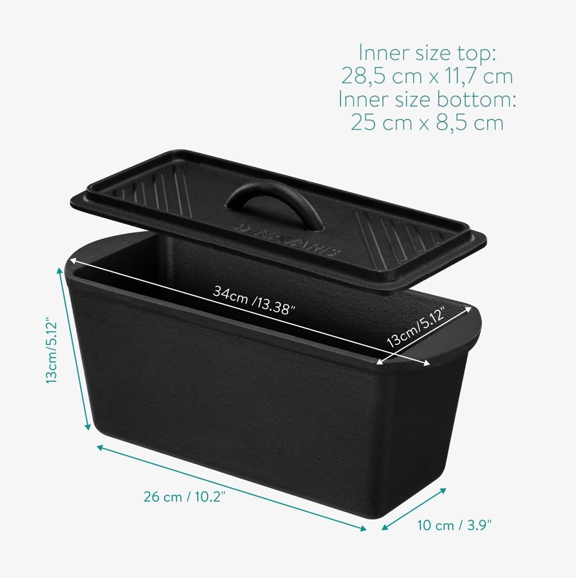Navaris Cast Iron Bread Loaf Pan with Lid, 13x5 inches, Black - Durable Bakeware for Perfect Loaves