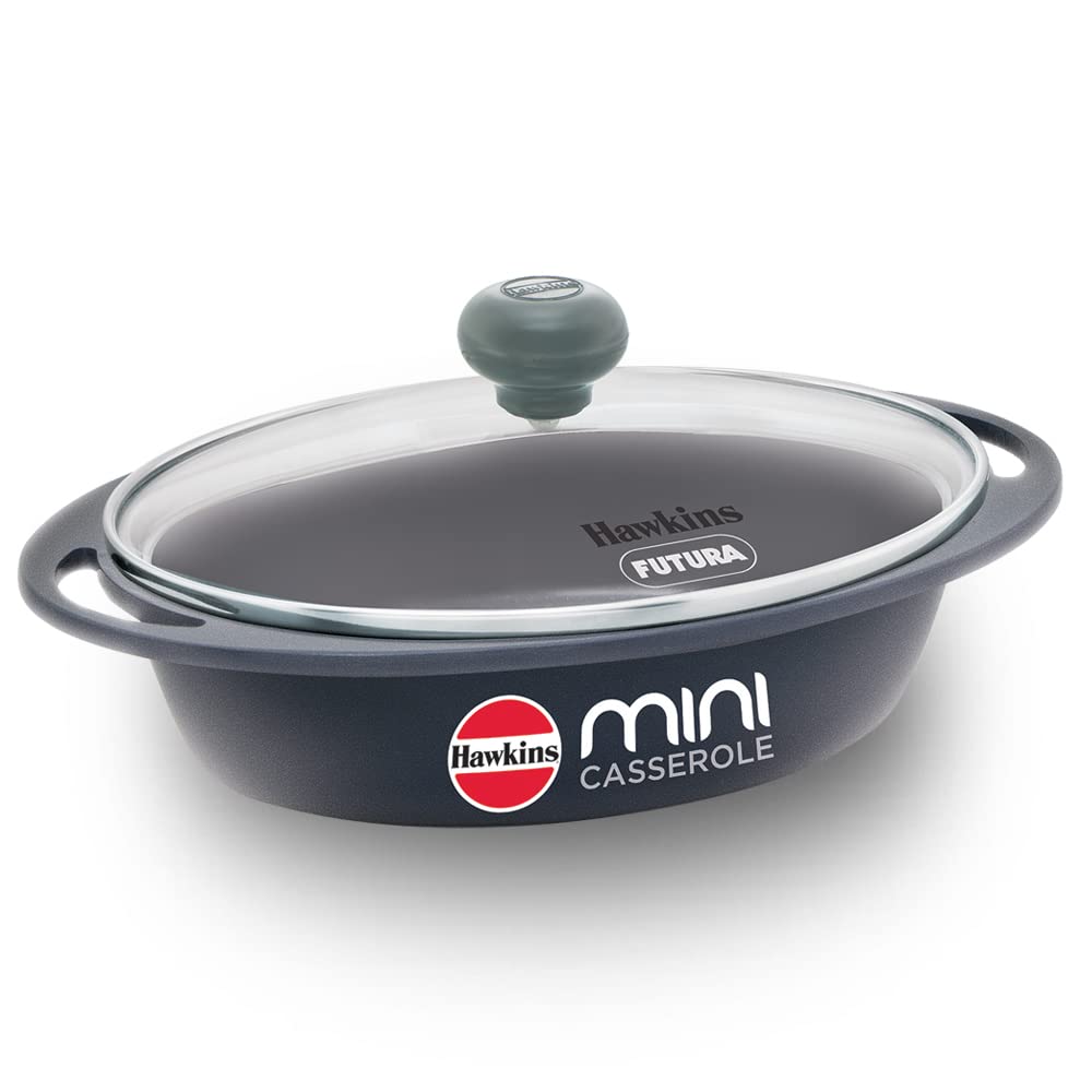 Hawkins 0.75 Litre Mini Casserole with Glass Lid, Oval Shaped Die-Cast pan for Cooking, Reheating, Serving and Storing, Grey (DC