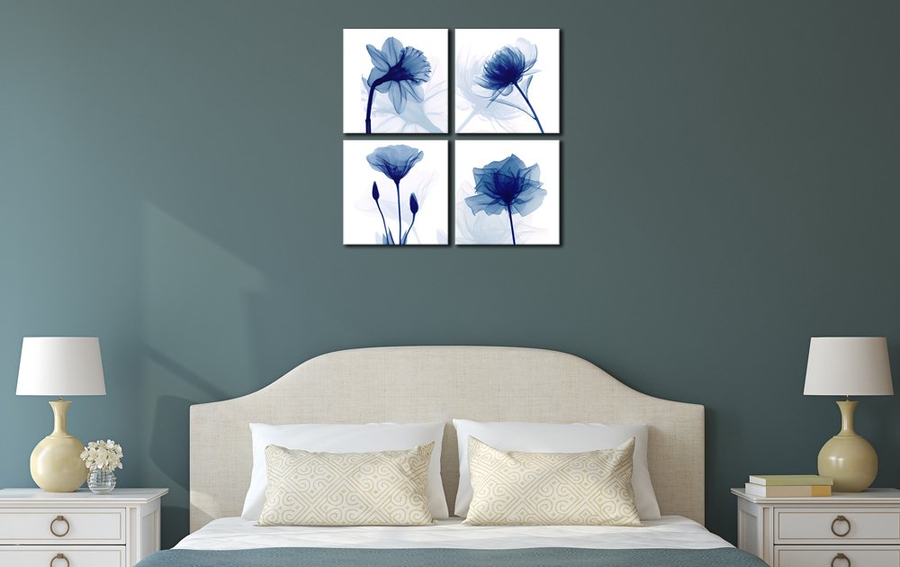 Pyradecor Large Blue Flickering Flower Modern Abstract Paintings Canvas Wall Art Gallery Wrapped Grace Floral Pictures On Canvas