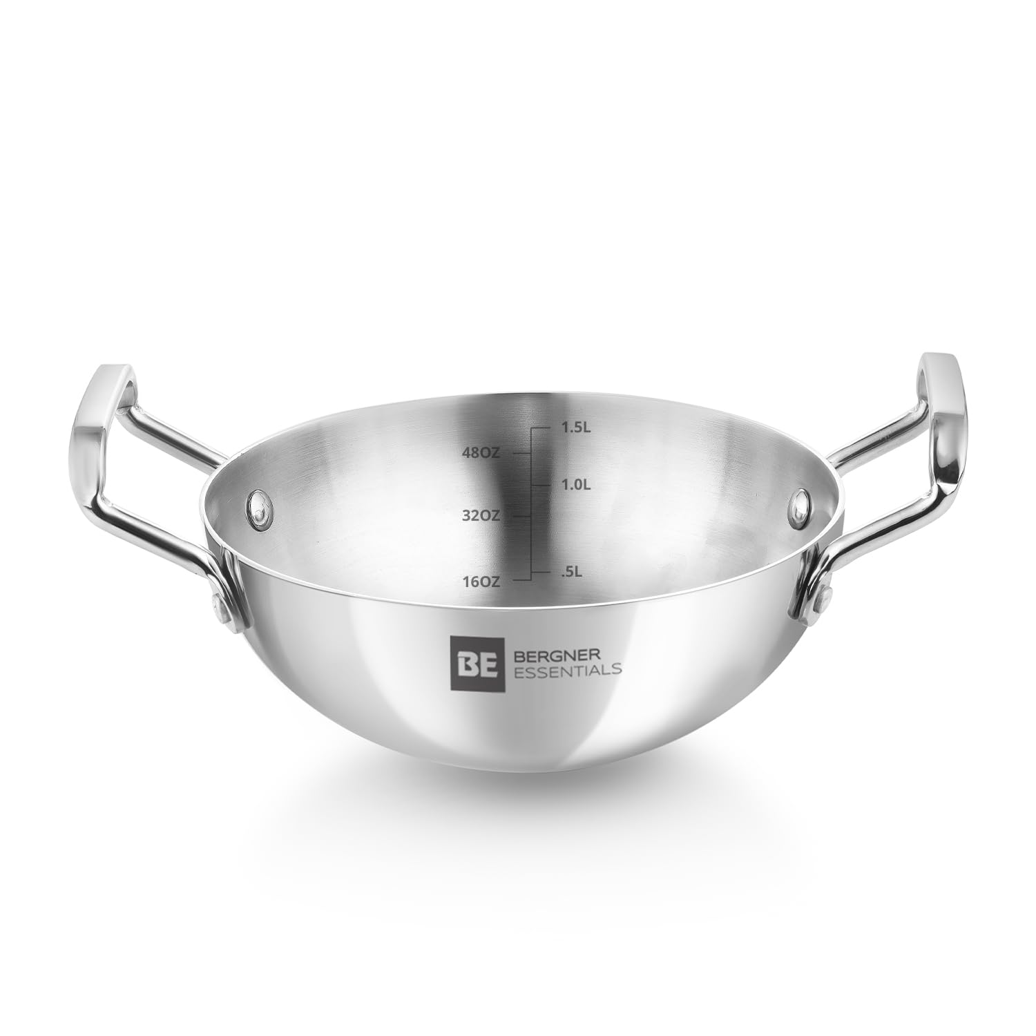 Bergner Be Essentials Triply Stainless Steel 20 Cm Extra Deep Kadai/Indian Wok, 1.5 L Kadhai, Even Heat Distribution, Consumes L