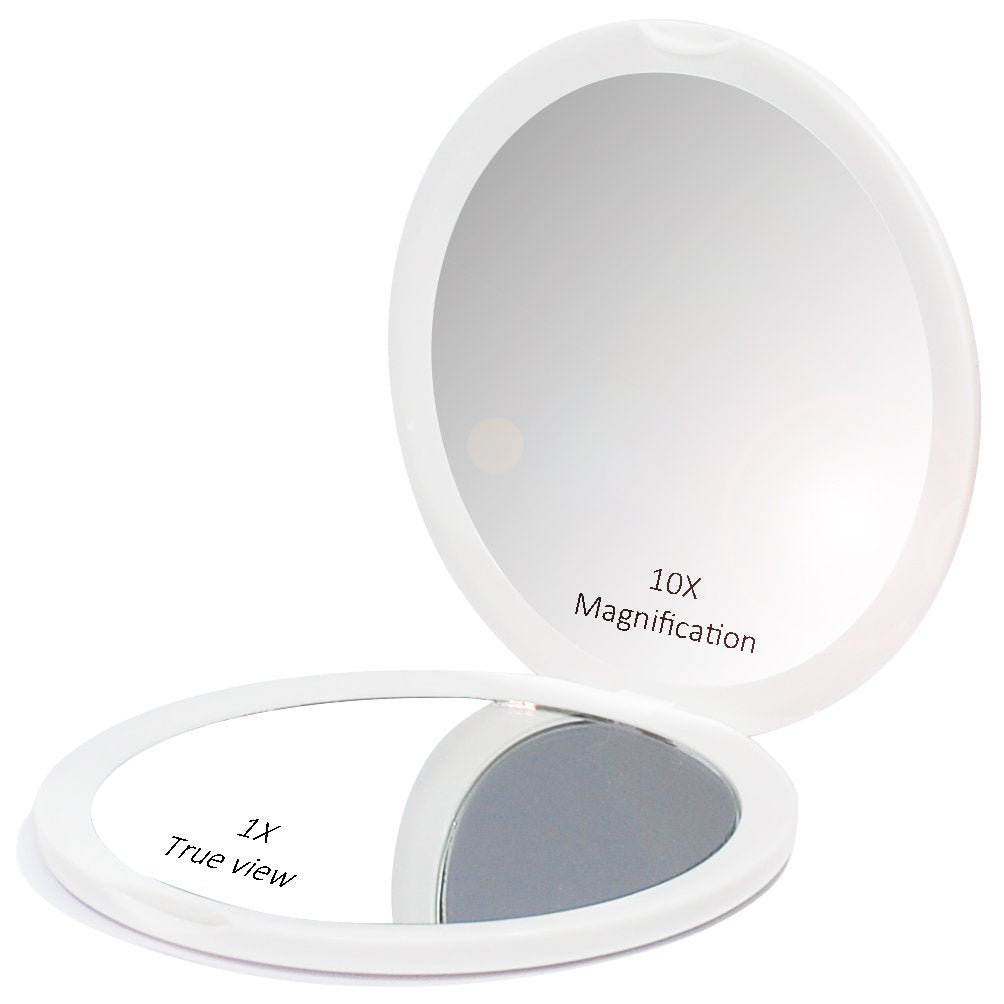Makeup Pocket Mirror With 10X Magnification Glass Plus Plain Mirror (White)