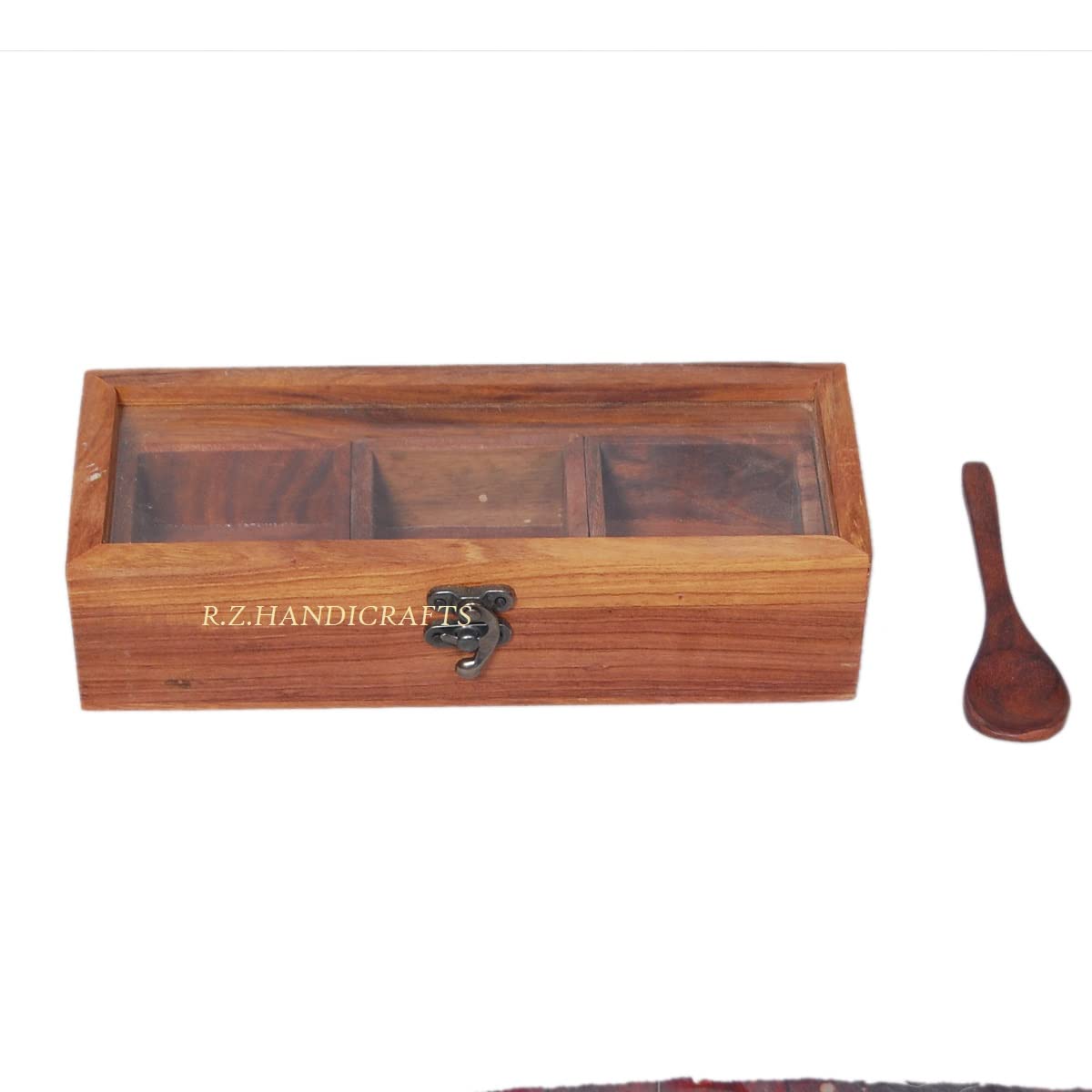 R.Z.Handicrafts Three Blends Wooden Spice Boxes 3 Containers Box With Spoon In Sheesham Wood Spice Jar For Kitchen Masala Box M