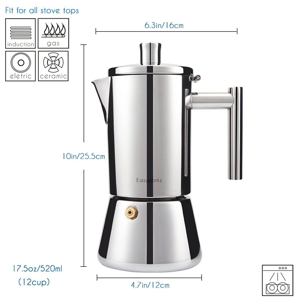 Easyworkz Diego Stovetop Espresso Maker Stainless Steel Italian Coffee Machine Maker 12Cup 17.5 oz Induction Moka Pot
