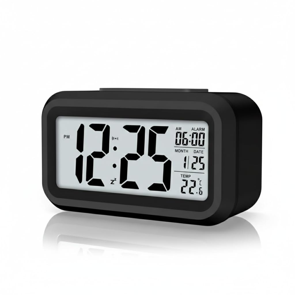 Rorian Digital Alarm Clock - Large Lcd Display With Smart Backlight, Indoor Temperature, Date & Calendar, Battery Operated Porta