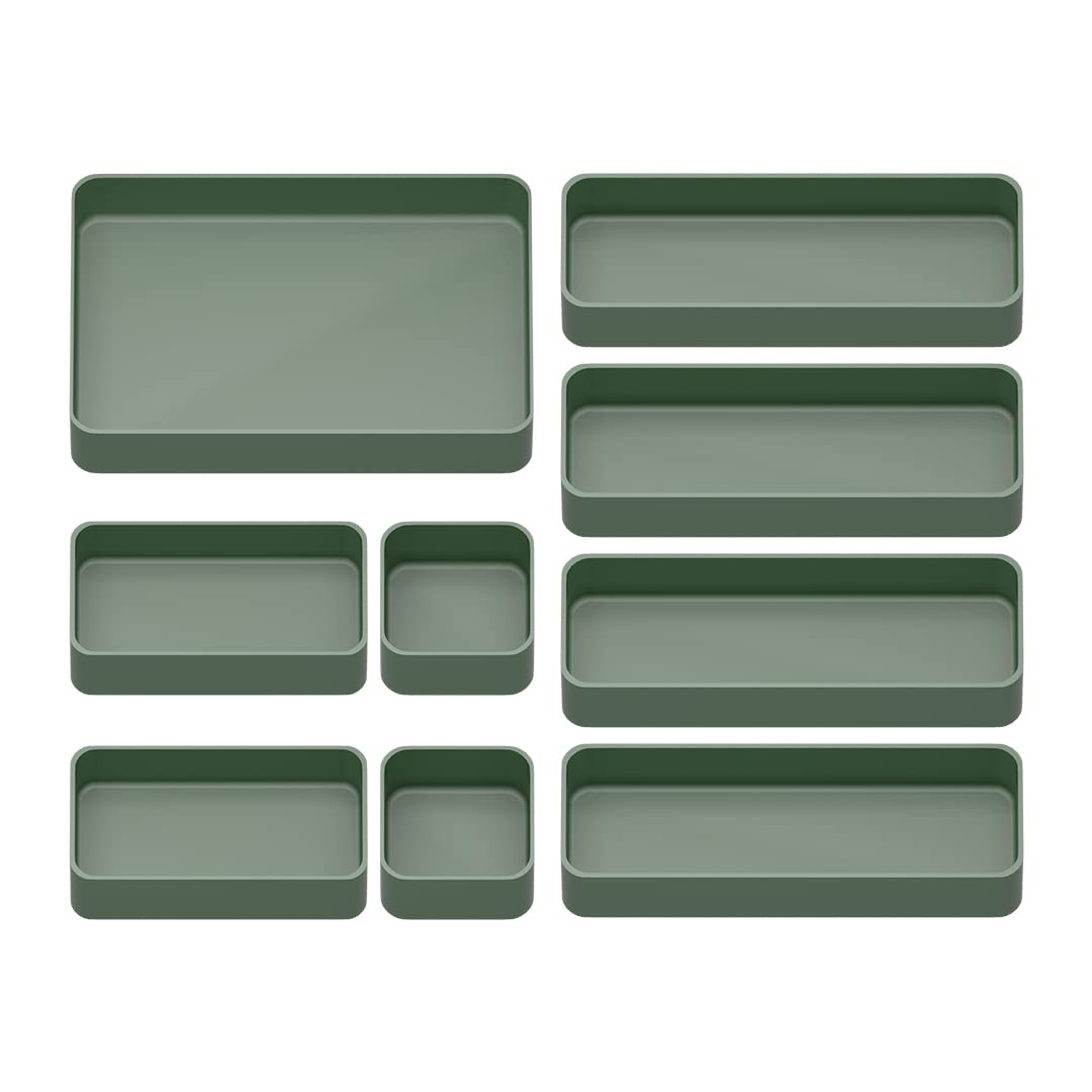 CHANCETSUI 9 Pcs Stackable Drawer Organizer Trays Set, Green, Multifunctional Storage for Vanity, Bathroom, Kitchen, Desk Drawer