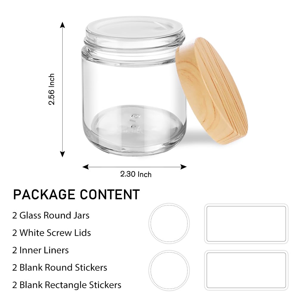 Small Glass Jars With Lids, 4 Oz Glass Containers With Plastic Woodgrain Lids & Inner Liners, Reusable Travel Cosmetic Container