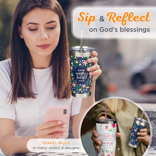 Christian Art Gifts Stainless Steel Double-Wall Vacuum Insulated Tumbler W/Straw & Lid 18 Oz Navy Floral Inspirational Bible Ver