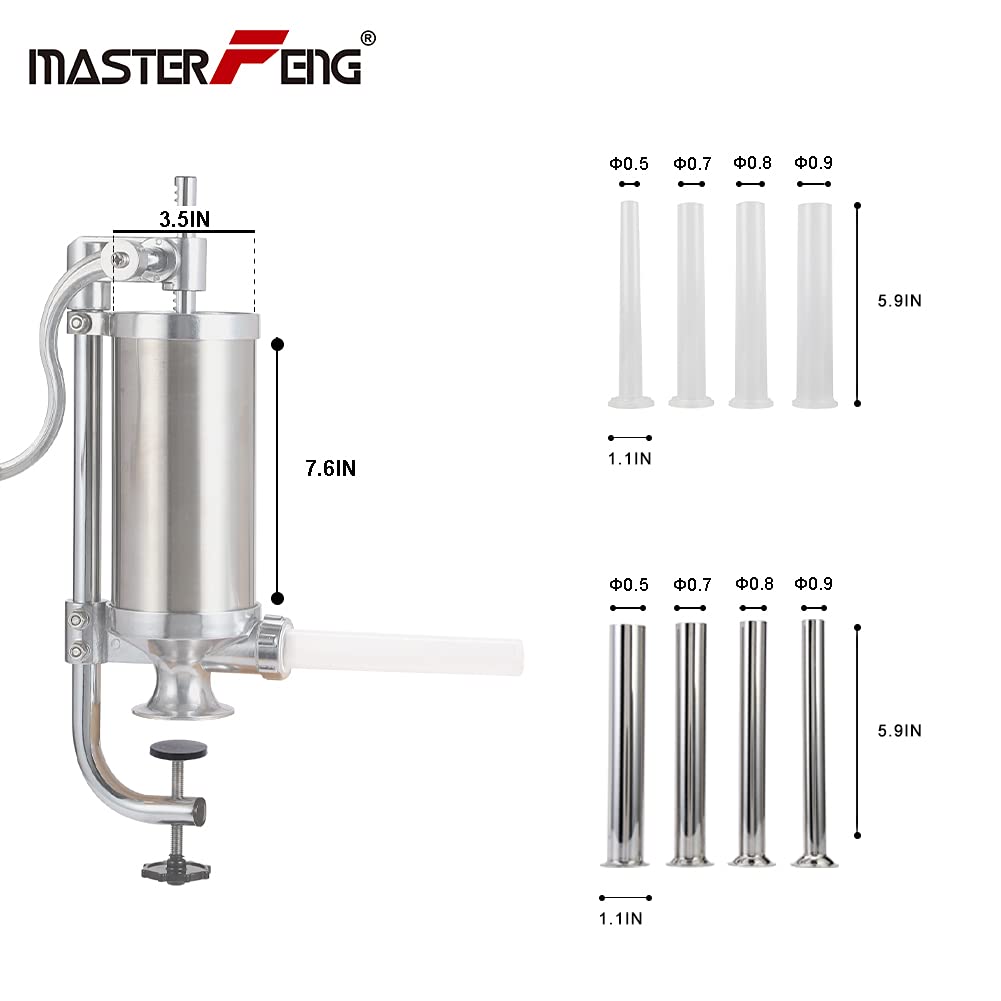 Master Feng Sausage Stuffer, Stainless Steel Homemade Sausage Maker Vertical Meat Filling Kitchen Machine, Packed 8 Stuffing Tub