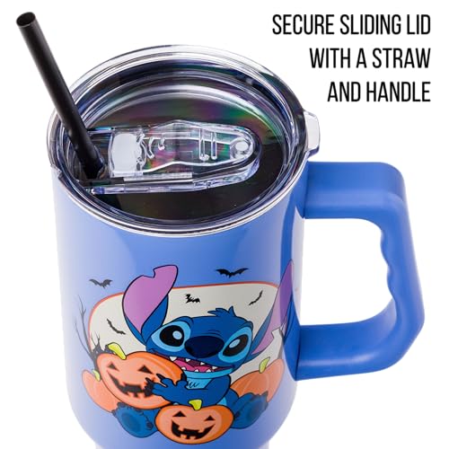 Silver Buffalo Disney Lilo And Stitch Halloween Spooky Pumpkin Jack-O-Lantern Stainless Steel Tumbler With Handle And Straw, Fit