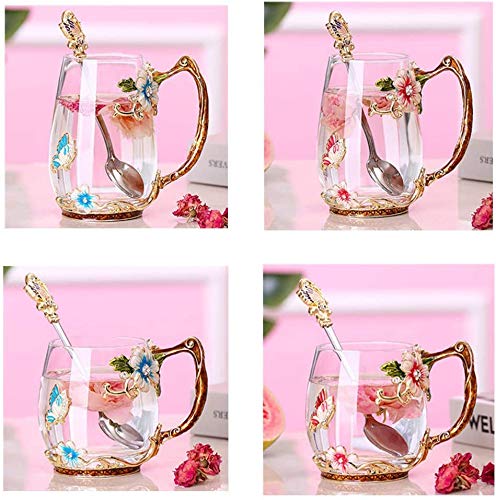 Luka Tech Enamel Butterfly flower Glass Mug with Spoon, Gifts For Women Wife Mom Friends Birthday Mothers Valentines Day Christm
