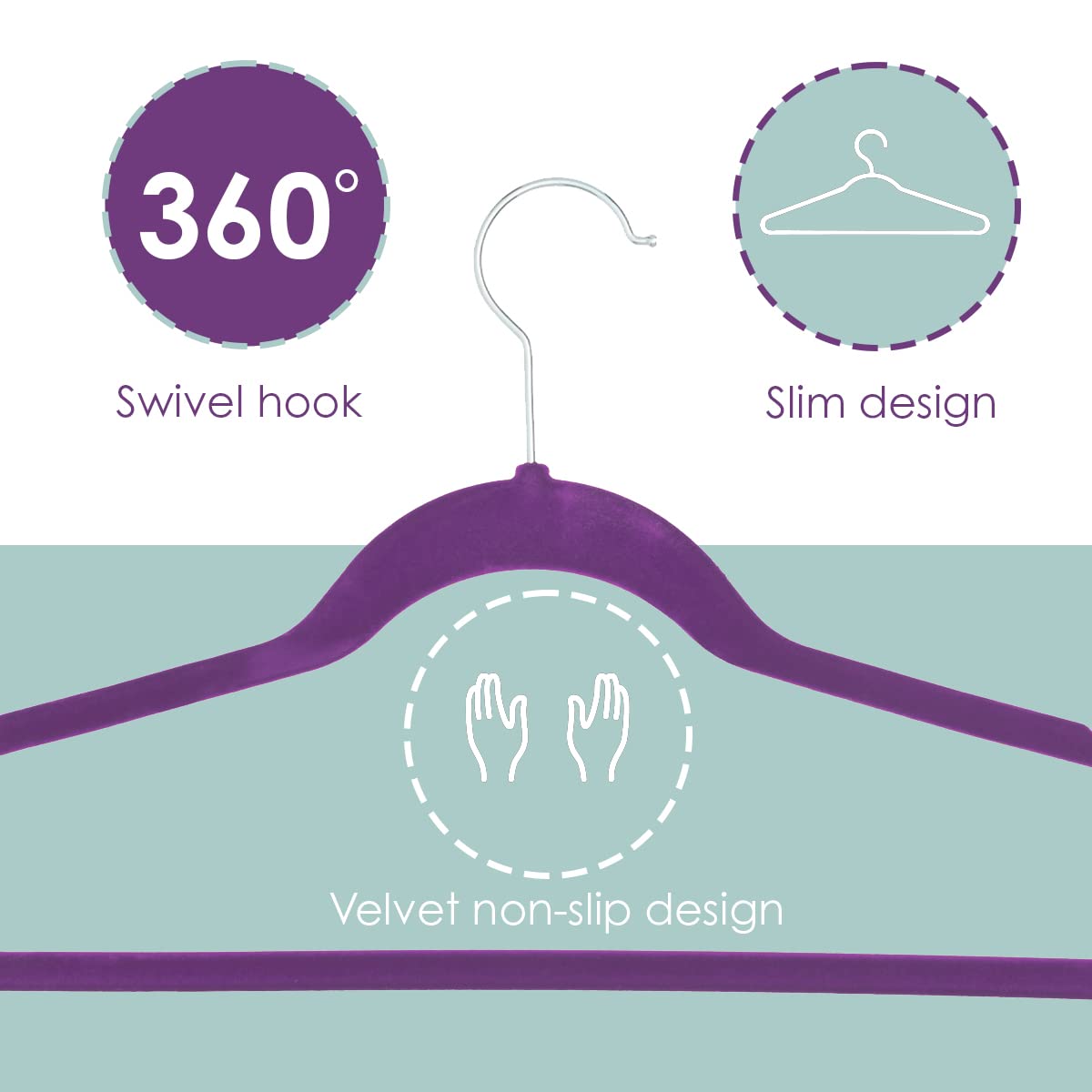 Sunbeam Slip-Proof Snag-Free Ultra Slim Velvet Hanger With Rotating Steel Hook (Pack Of 10) (Purple)