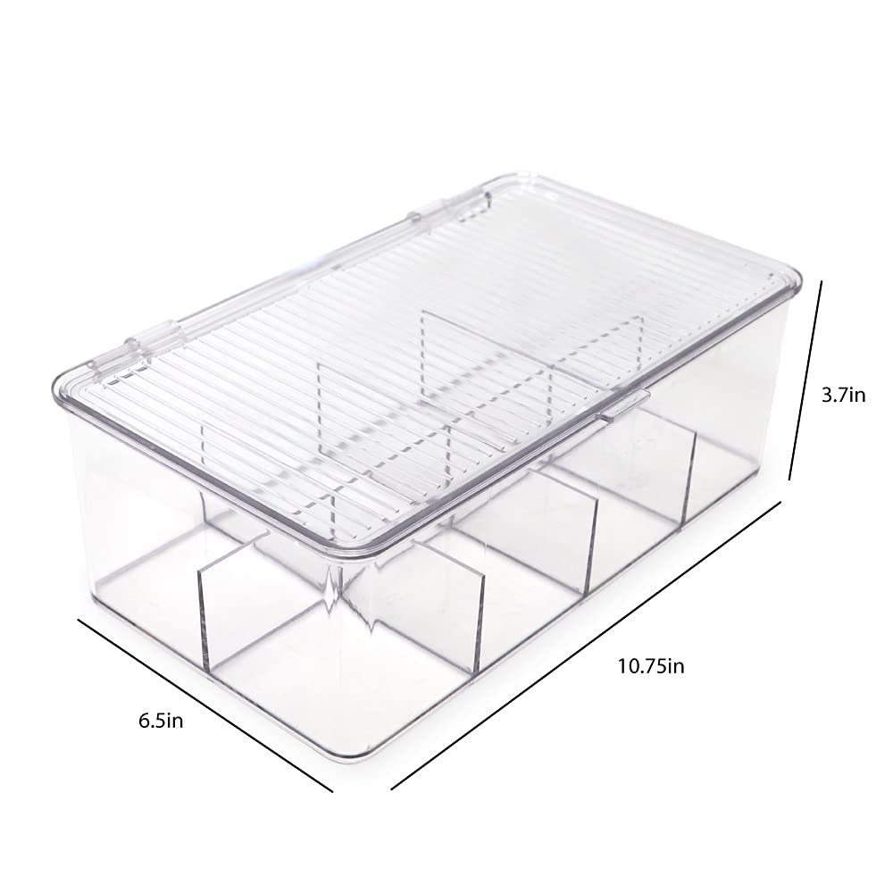 Isaac Jacobs Divided Clear Plastic Organizer (10.75    X 6.5    X 3.7   ) W/Hinged Lid, Stackable Storage Box For Tea Bags, Craf