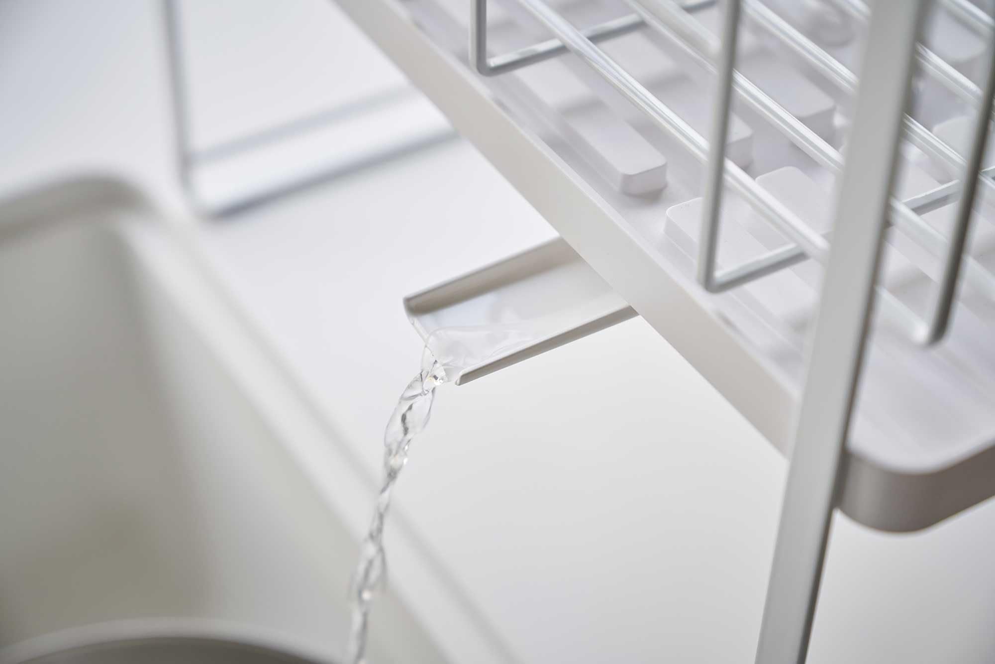 Yamazaki Home Two-Tier Adjustable Dish Drainer Rack, Compact Drying Rack With Hooks, Utensils Holder, Steel, Draining Spout, Wat