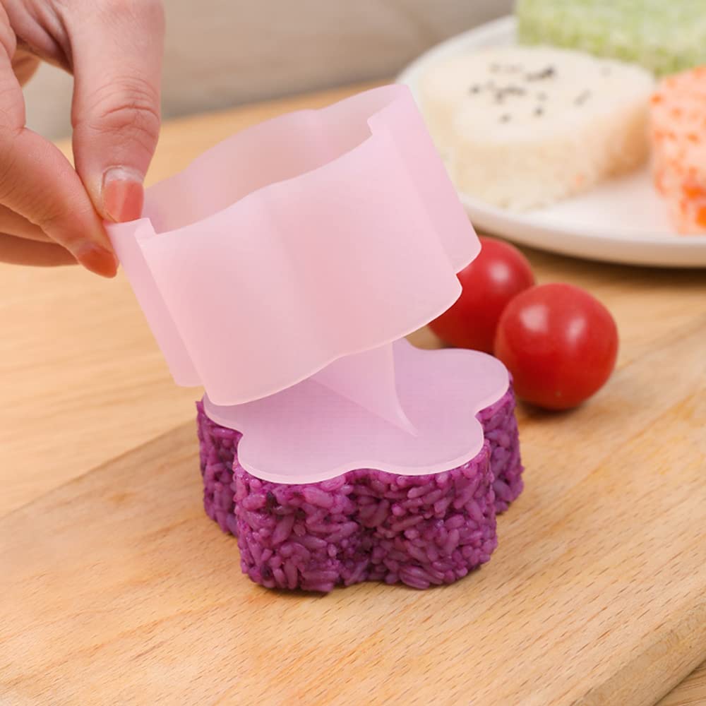 AYCCNH Non Stick Onigiri Mold Triangle  Heart  Bear and Plum Blossom Shaped Rice Ball Press Molds  Creative Sushi Rice Making Kit  With Small Rice Paddle (4 Pieces)