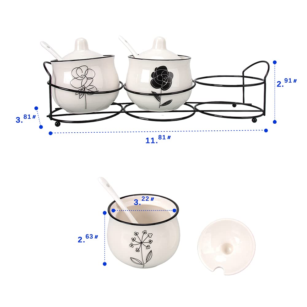 Ceramic Spice & Sugar Jars, With Lids Spoons And Shelf,Porcelain Condiment Kitchen Jar Spice Container Set, 230 Ml,3 Pcs