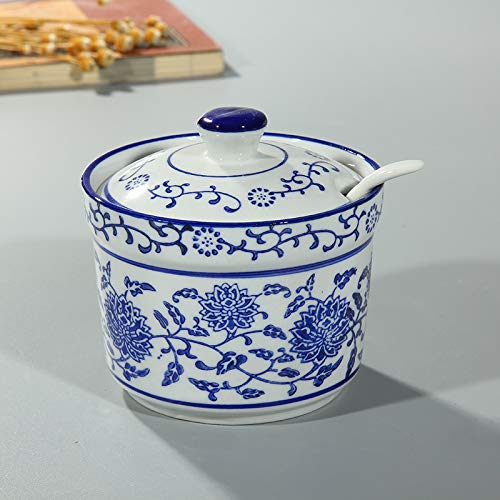 123Arts Ceramic Blue And White Sugar Bowl Spice Jar With Lid Spoon Seasoning Pot