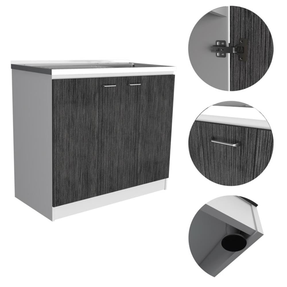TUHOME Napoles Utility Sink  Two Shelves  Two-Door Cabinet  Countertop- White/Smoky Oak  For Kitchen Room