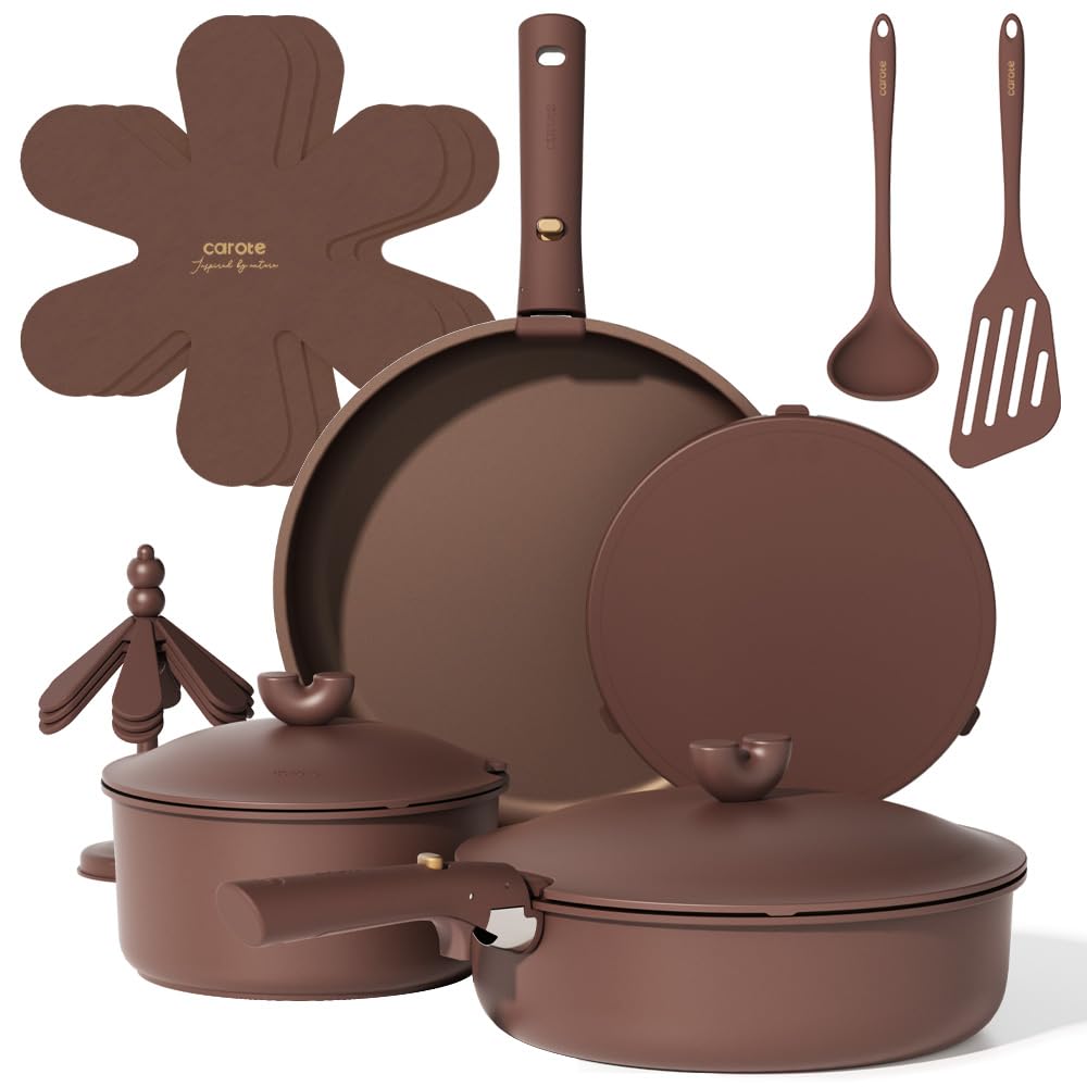 CAROTE 17pcs Pots and Pans Set Non Stick, Gift Set Nonstick Cookware Die-cast Aluminum Detachable Handle, Dishwasher/Oven Safe, 