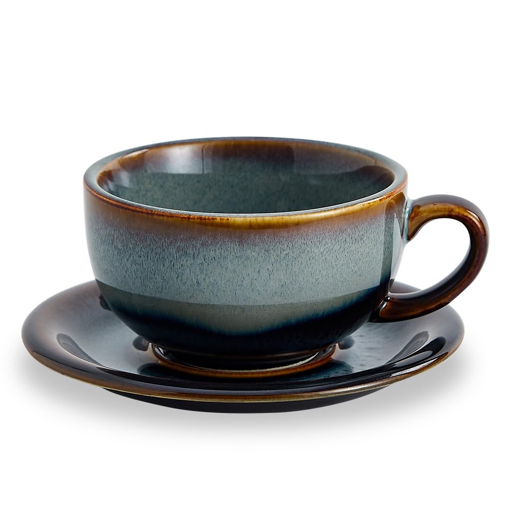 Coffeezone Vintage Design 12 oz Ceramic Latte Art Cappuccino Barista Cup with Saucer (Fog Grey)