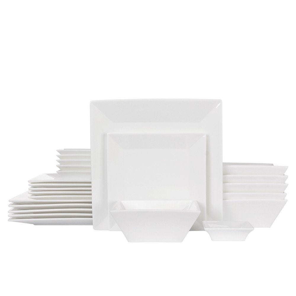 Porlien 24-Piece Classic Square Dinnerware Set for 6-Square Dinner Plates, Dessert Plates, Bowls & Dipping Saucers, Off White