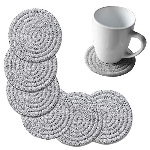 Gracelife 6Pcs Cup Mat Pure Cotton Thread Weave Round Drink Hot Pads Mats Set Absorbent Scald-Proof Drink Coasters (Light Gray)
