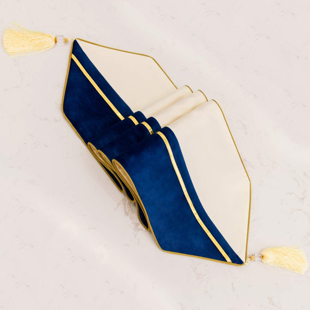 Avigers 12 X 72 Inch Decorative Luxury Navy Blue White Gold Leather Striped Patchwork Velvet Table Runners With Tassels For Home