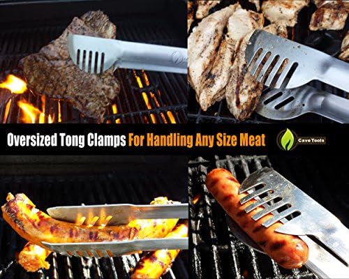 Cave Tools 17'' Long Handle Stainless Steel Grill Tongs With Locking Bracket - Bbq Grill Accessories
