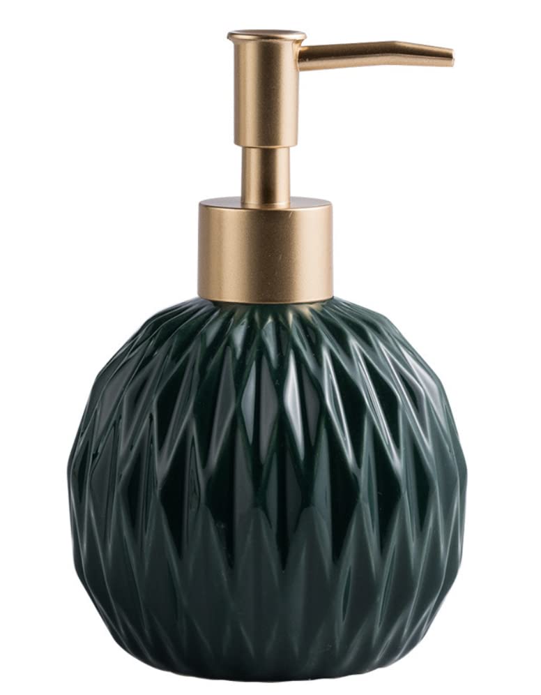 Ceramics Gold Soap Dispenser For Bathroom, Round Soap Dispenser With Delicate Embossed Rhombus Design (Dark Green)