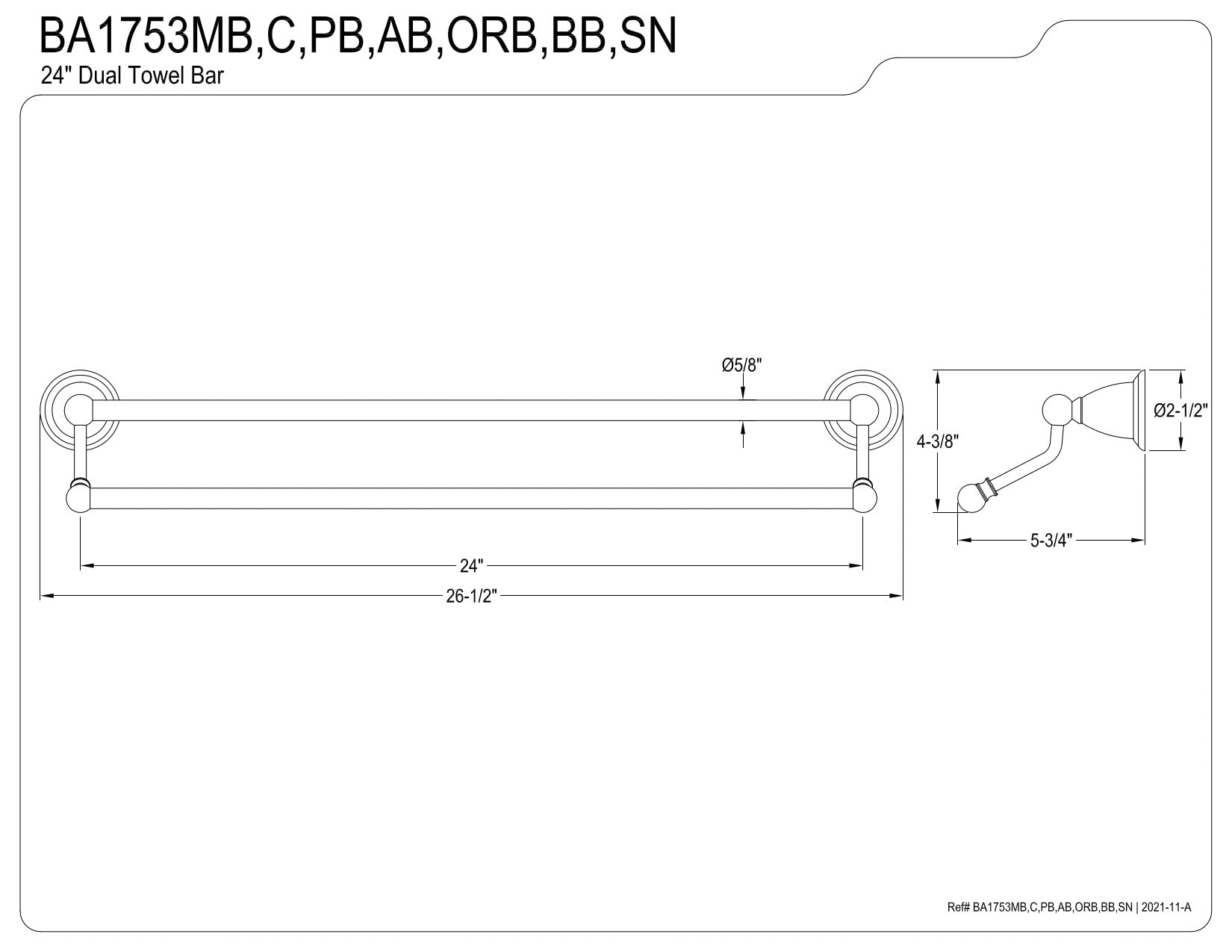 Kingston Brass BA1753AB Heritage 24'' Dual Towel Bar  Antique Brass
