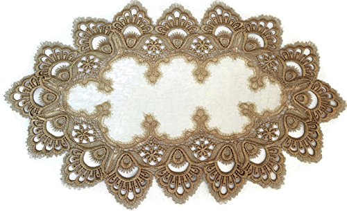 Doily Boutique Place Mat Or Doily European Gold Lace And Antique White Fabric, Size 27 X 13 Inches