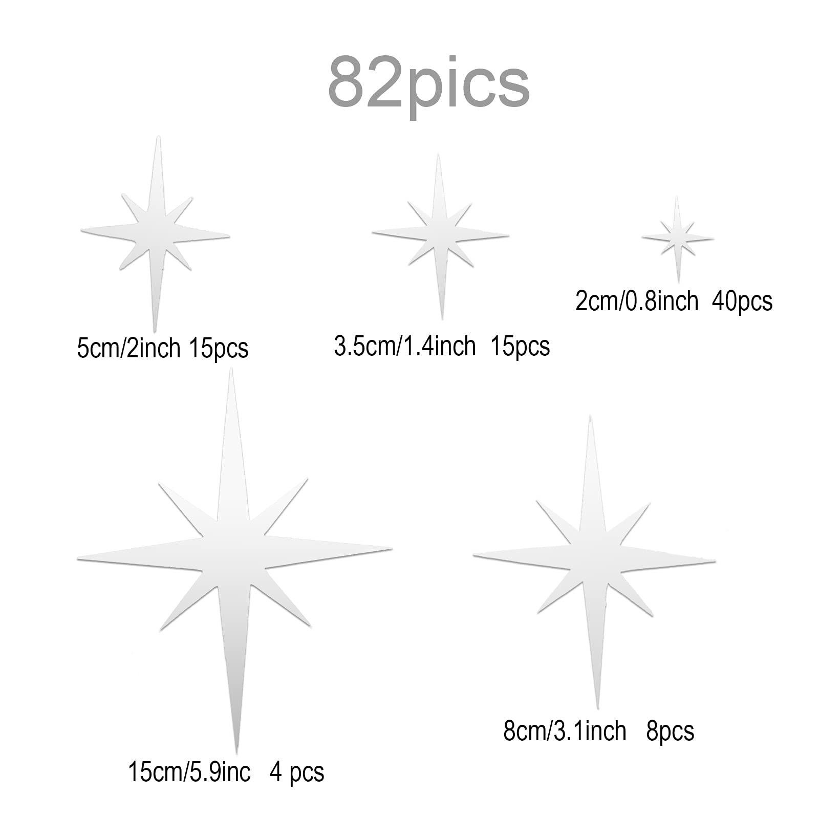 Zonon 82 Pieces Mirror Wall Stickers Removable Star Wall Decals 3D Acrylic Mirror Setting Wall Sticker Christmas Star Decorative