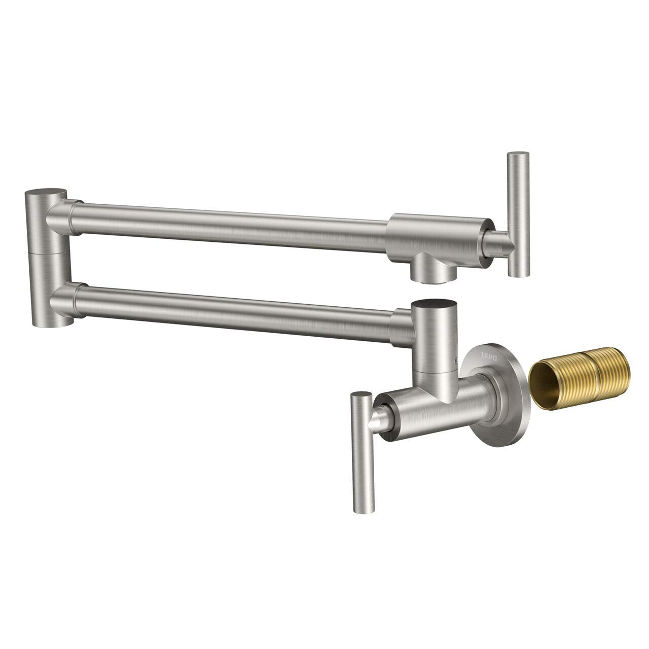 LEPO Pot Filler Faucet  Wall Mount Solid Brass Brushed Nickel Double Joint Swing Arm Folding Kitchen Faucets with Single Hole  2 Handles