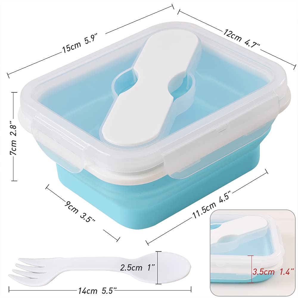 Ionegg Silicone Lunch Container With Spoon & Fork, Bento Box, Collapsible Food Storage Container With Clip-On Lid, 20 Oz