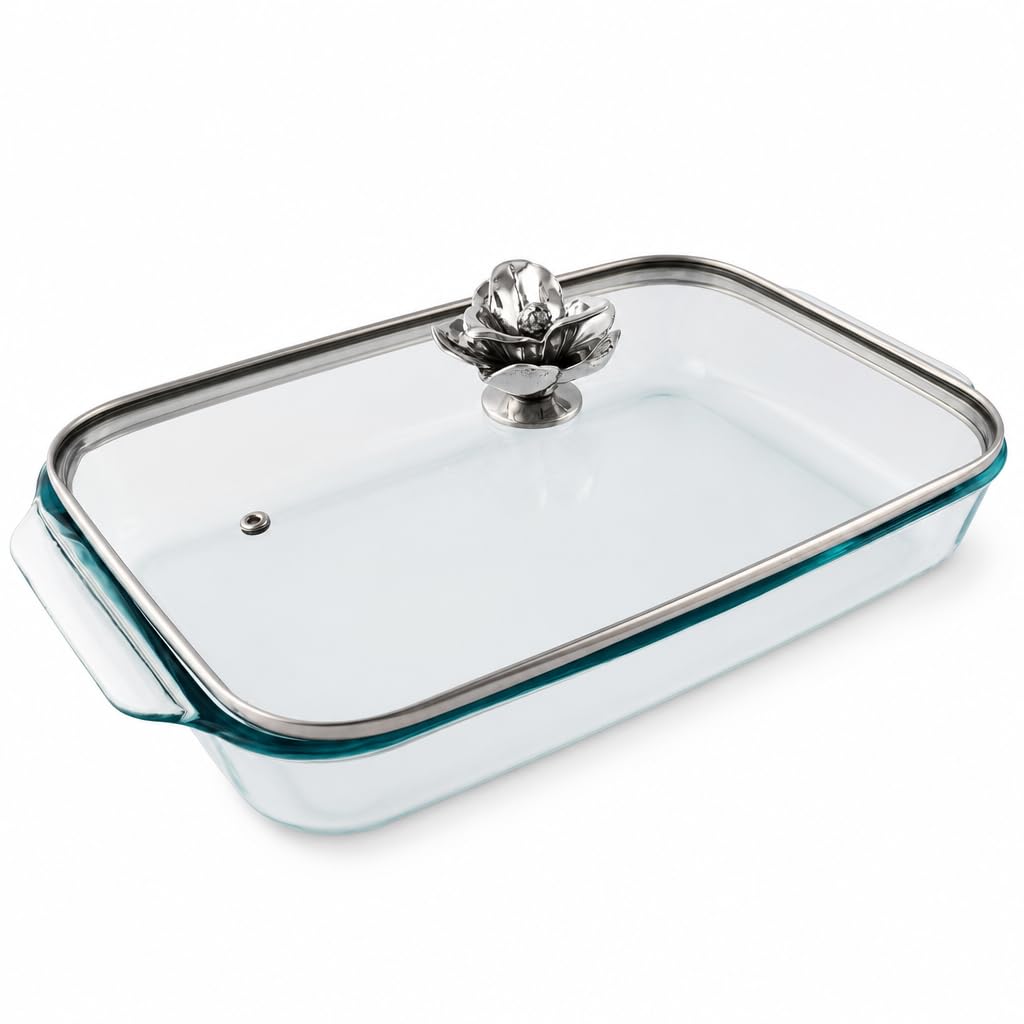 Arthur Court Glass Casserole Dish with Magnolia Handle  Elegant Baking Dish for Serving  3 Quart, 9.25 x 13.5 Inches