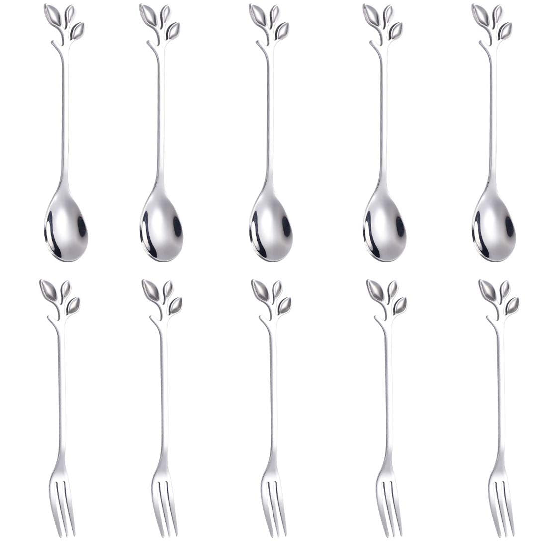 Ansaw 10-Pc Silver Mini Spoons & Forks Set, 4.7'' - Stainless Steel, Leaf Handle, Ideal For Coffee,Tea, Appetizers, Tastings, Pa