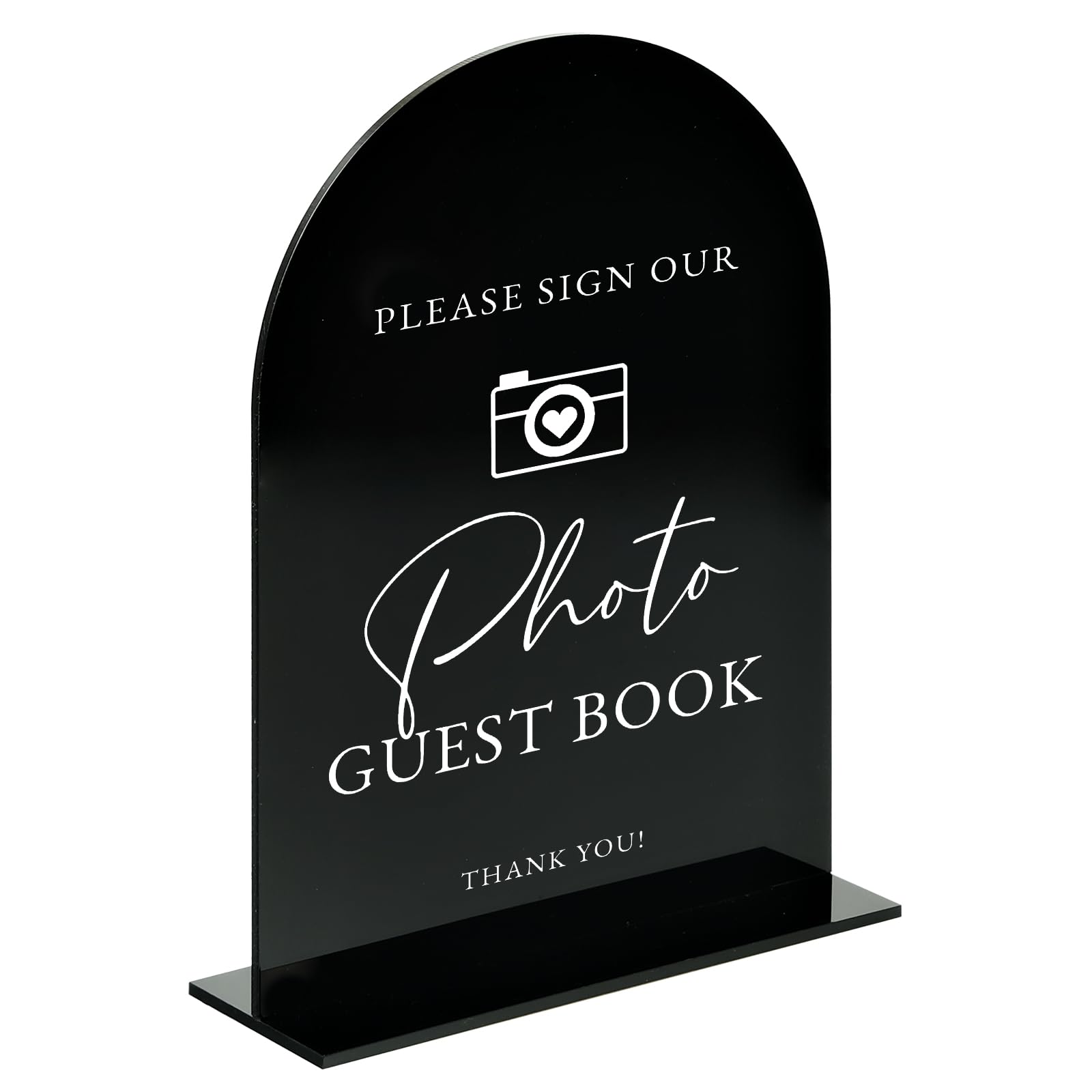 Acrylic Photo Guestbook Sign with Stand- 5x7 Black Arched Wedding Signs and Base,1/8 Thick | Modern Calligraphy White Lettering